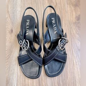 Prada Calzature Donna Black Leather Slingback Sandals Size 36.5